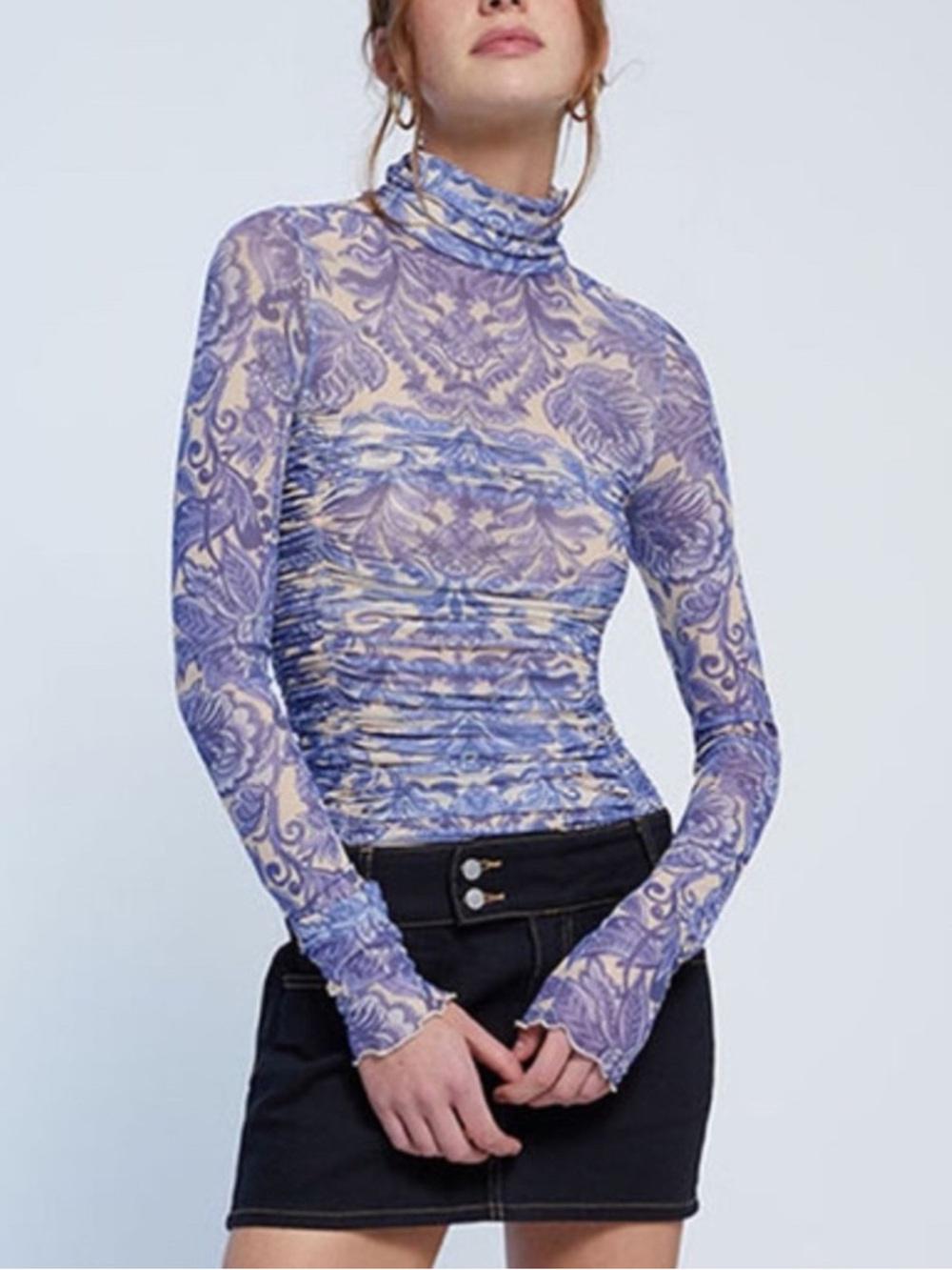 Free People Delicate Blue Floral Sheer Blouse Size Medium Bodysuit